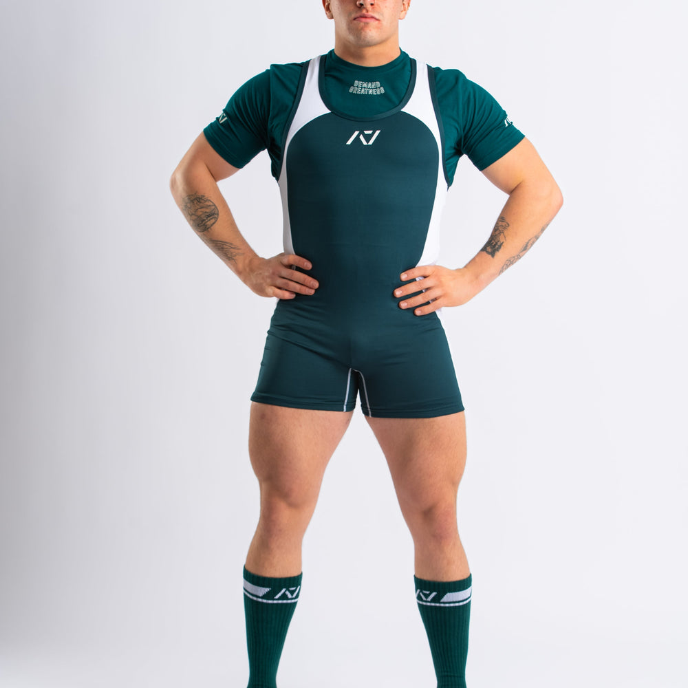 
                      
                        A7 IPF Approved Emerald Forás Luno singlet features extra lat mobility, side panel stitching to guide the squat depth level and curved panel design for a slimming look. The Women's cut singlet features a tapered waist and additional quad room. The IPF Approved Kit includes Luno Powerlifting Singlet, A7 Meet Shirt, A7 Zebra Wrist Wraps, A7 Deadlift Socks, Hourglass Knee Sleeves (Stiff Knee Sleeves and Rigor Mortis Knee Sleeves). All A7 Powerlifting Equipment shipping to UK, Norway, Switzerland and Iceland.
                      
                    