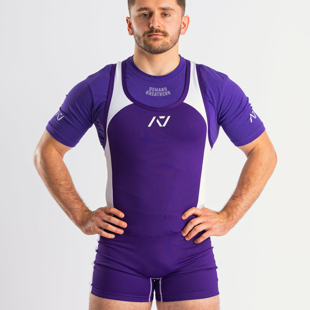 A7 IPF Approved Purple Luno singlet features extra lat mobility, side panel stitching to guide the squat depth level and curved panel design for a slimming look. The Women's cut singlet features a tapered waist and additional quad room. The IPF Approved Kit includes Luno Powerlifting Singlet, A7 Meet Shirt, A7 Zebra Wrist Wraps, A7 Deadlift Socks, Hourglass Knee Sleeves (Stiff Knee Sleeves and Rigor Mortis Knee Sleeves). All A7 Powerlifting Equipment shipping to UK, Norway, Switzerland and Iceland.