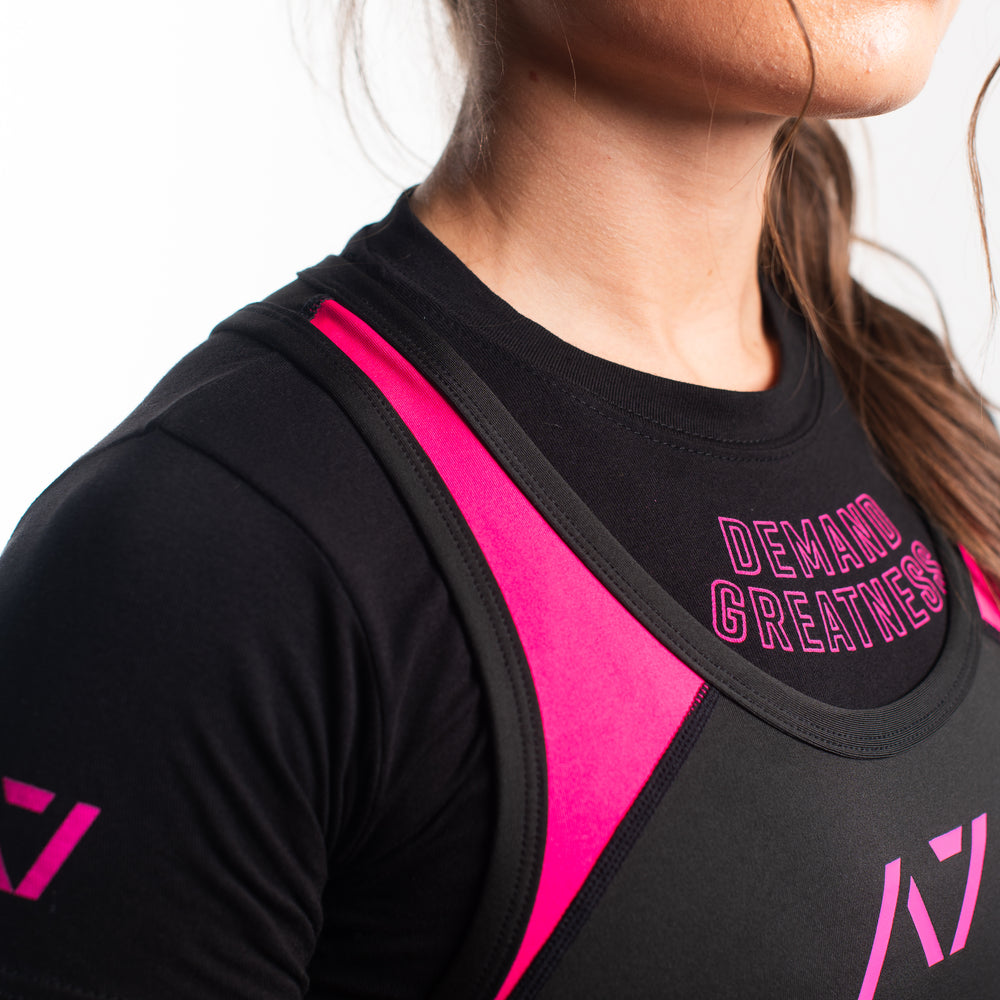 
                      
                        A7 IPF Approved Flamingo Luno singlet features extra lat mobility, side panel stitching to guide the squat depth level and curved panel design for a slimming look. The Women's cut singlet features a tapered waist and additional quad room. The IPF Approved Kit includes Luno Powerlifting Singlet, A7 Meet Shirt, A7 Zebra Wrist Wraps, A7 Deadlift Socks, Hourglass Knee Sleeves (Stiff Knee Sleeves and Rigor Mortis Knee Sleeves). All A7 Powerlifting Equipment shipping to UK, Norway, Switzerland and Iceland.
                      
                    