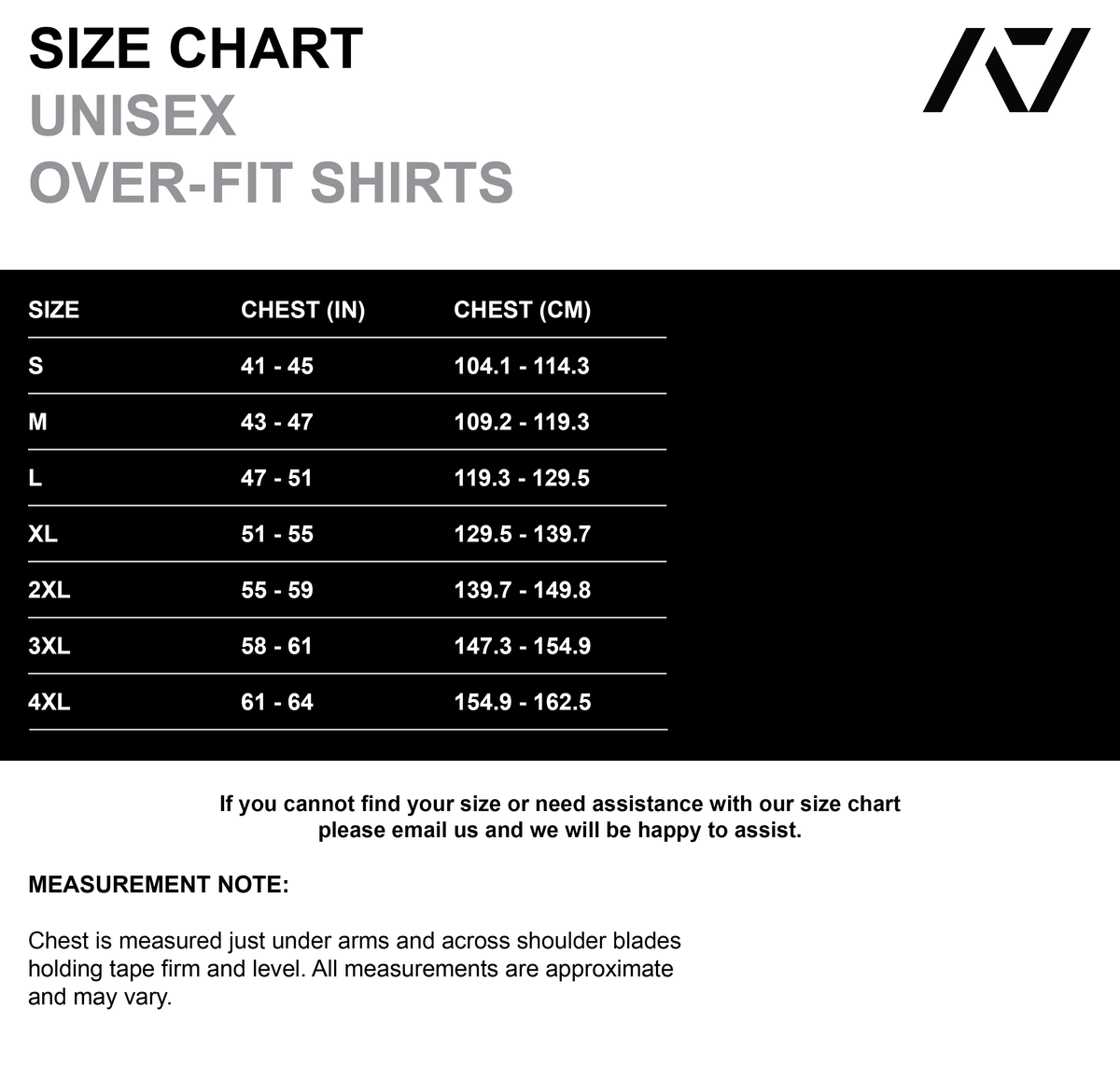 Sizing chart of the Commands Over-fit shirt in black. Shows all sizes and what is the best size for you based on your measurements