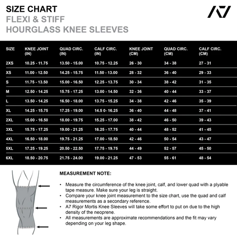 A7 IPF Approved Hourglass Knee Sleeves feature an hourglass-shaped centre taper fit to help provide knee compression while maintaining proper tightness around the calf and quad, offered in three stiffnesses (Flexi, Stiff and Rigor Mortis). Shop the full A7 Powerlifting IPF Approved Equipment collection. The IPF Approved Kit includes Powerlifting Singlet, A7 Meet Shirt, A7 Zebra Wrist Wraps and A7 Deadlift Socks. All A7 Powerlifting Equipment shipping to UK, Norway, Switzerland and Iceland. 