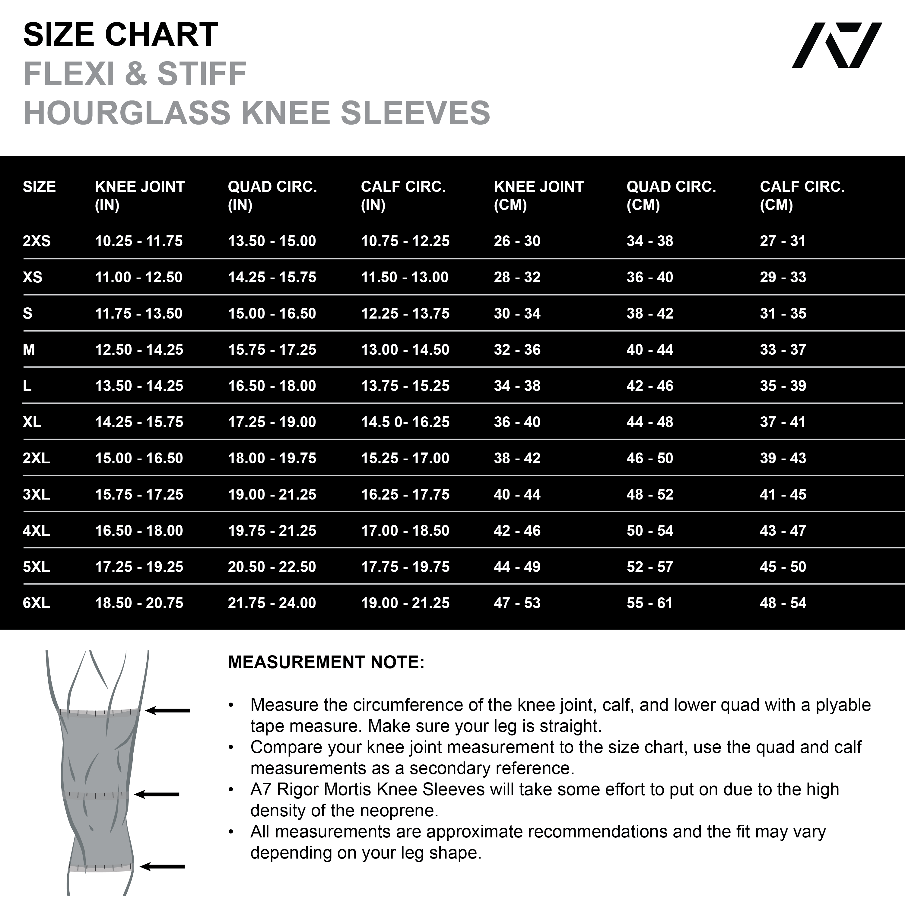 A7 IPF Approved Hourglass Knee Sleeves feature an hourglass-shaped centre taper fit to help provide knee compression while maintaining proper tightness around the calf and quad, offered in three stiffnesses (Flexi, Stiff and Rigor Mortis). Shop the full A7 Powerlifting IPF Approved Equipment collection. The IPF Approved Kit includes Powerlifting Singlet, A7 Meet Shirt, A7 Zebra Wrist Wraps and A7 Deadlift Socks. All A7 Powerlifting Equipment shipping to UK, Norway, Switzerland and Iceland.