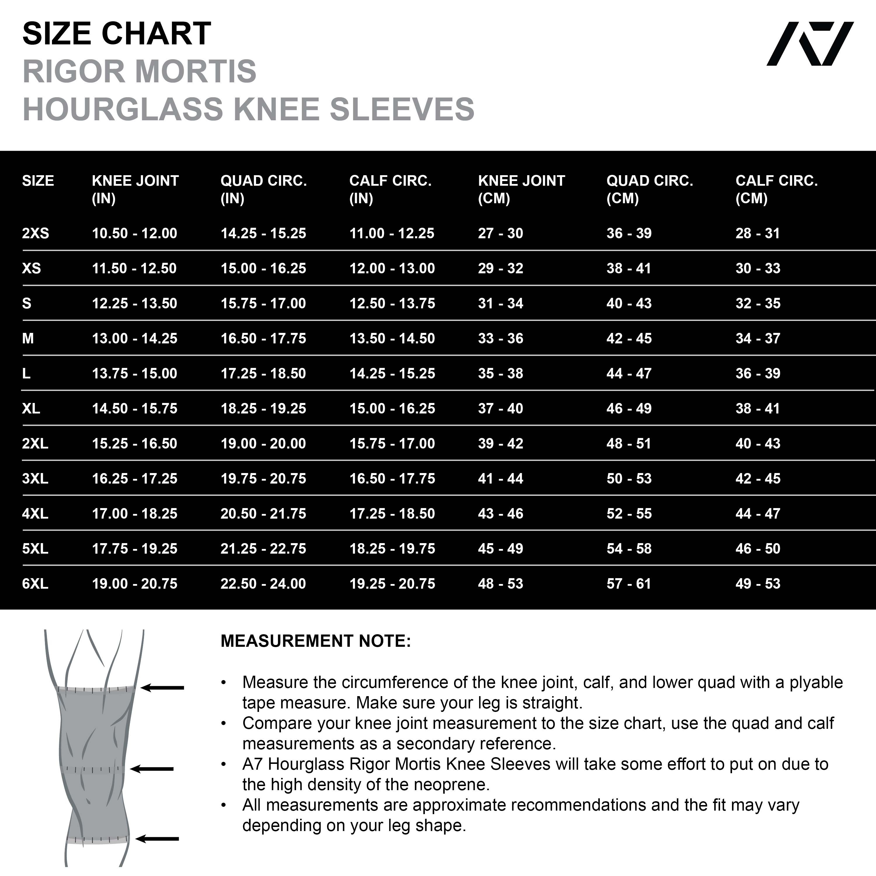 A7 IPF Approved Hourglass Knee Sleeves feature an hourglass-shaped centre taper fit to help provide knee compression while maintaining proper tightness around the calf and quad, offered in three stiffnesses (Flexi, Stiff and Rigor Mortis). Shop the full A7 Powerlifting IPF Approved Equipment collection. The IPF Approved Kit includes Powerlifting Singlet, A7 Meet Shirt, A7 Zebra Wrist Wraps and A7 Deadlift Socks. All A7 Powerlifting Equipment shipping to UK, Norway, Switzerland and Iceland. 