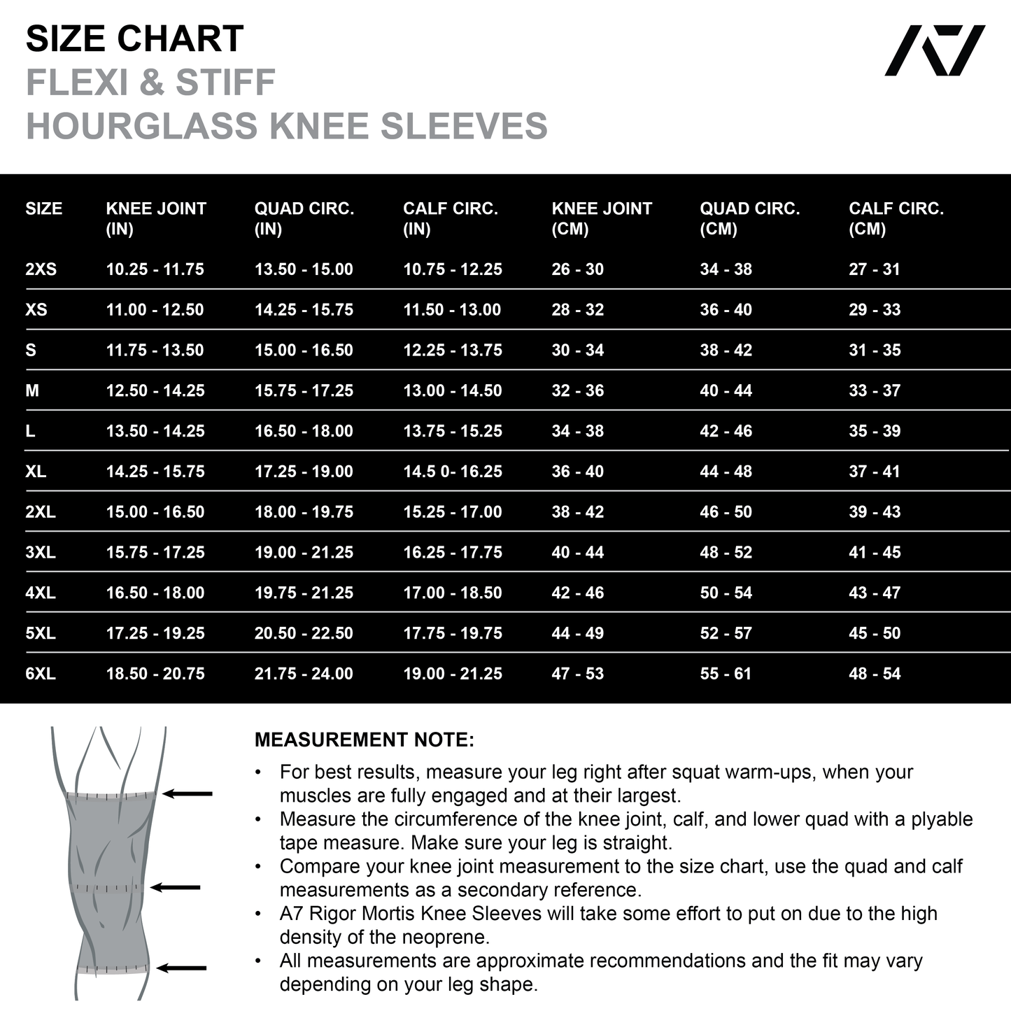 A7 IPF Approved Hourglass Knee Sleeves feature an hourglass-shaped centre taper fit to help provide knee compression while maintaining proper tightness around the calf and quad, offered in three stiffnesses (Flexi, Stiff and Rigor Mortis). Shop the full A7 Powerlifting IPF Approved Equipment collection. The IPF Approved Kit includes Powerlifting Singlet, A7 Meet Shirt, A7 Zebra Wrist Wraps and A7 Deadlift Socks. All A7 Powerlifting Equipment shipping to UK, Norway, Switzerland and Iceland.