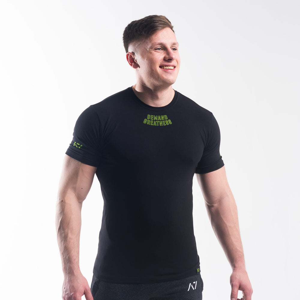DG23 Alien is our new meet shirt design highlighting Demand Greatness with a double outline font to showcase your impact on the platform. The DG23 Meet Shirt is IPF Approved. Shop the full A7 Powerlifting IPF Approved Equipment collection. The IPF Approved Kit includes Powerlifting Singlet, A7 Meet Shirt, A7 Zebra Wrist Wraps, A7 Deadlift Socks, Hourglass Knee Sleeves (Stiff Knee Sleeves and Rigor Mortis Knee Sleeves). All A7 Powerlifting Equipment shipping to UK, Norway, Switzerland and Iceland.