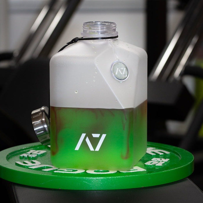 Stay hydrated during your workout with an A7 Water Jug. The jug is great for long workouts. It features a magnetic phone attachment so you can keep your phone close while you workout.  Simply stick the magnet on the back of the phone and pop the phone onto the bottle and your are ready to record your next set or even watch a video.