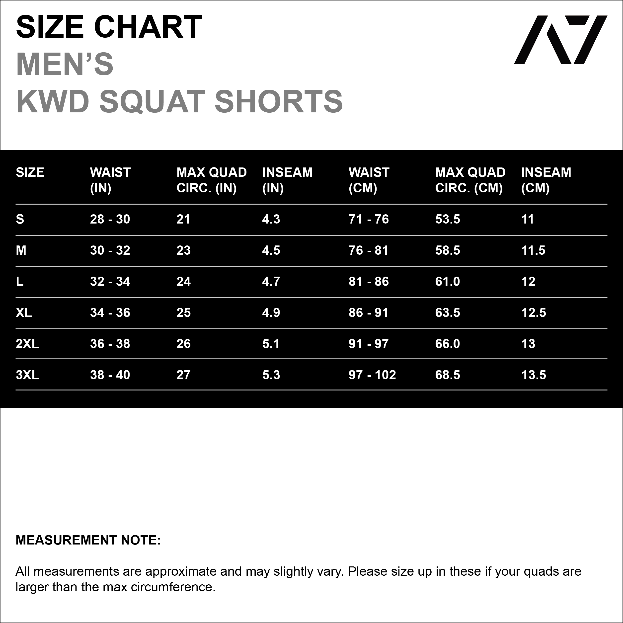 Have you ever squatted in shorts and realised that they may be too tight on you at the bottom of a squat? We have solved this problem with A7 Centre-stretch Squat Shorts. The shorts are made with stretchy fabric in between legs so you are never constricted during your squat. KWD shorts have a shorter inseam and are designed to show off your quads (KWaDs).