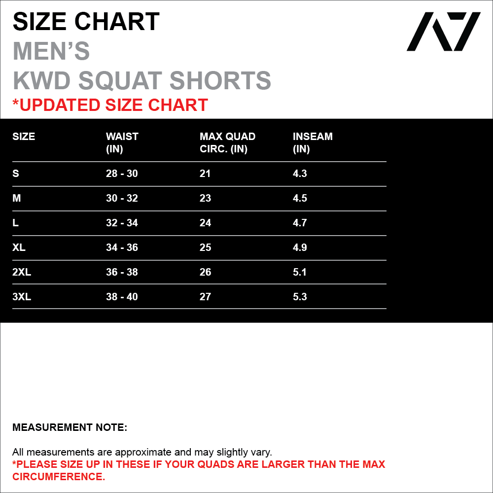 Have you ever squatted in shorts and realised that they may be too tight on you at the bottom of a squat? We have solved this problem with A7 Centre-stretch Squat Shorts. The shorts are made with stretchy fabric in between legs so you are never constricted during your squat. KWD shorts have a shorter inseam and are designed to show off your quads (KWaDs).