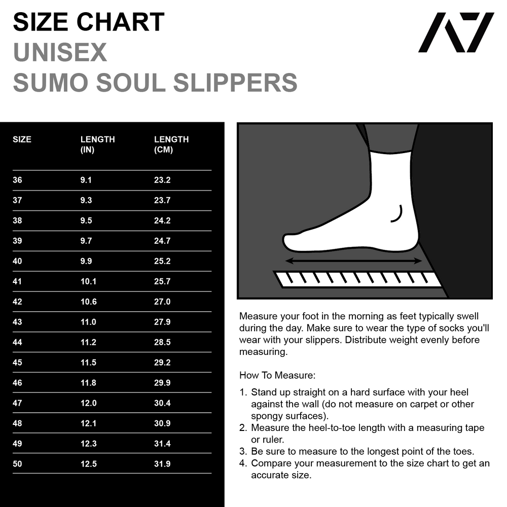 
                      
                        Simply designed with you in mind. With a 5 mm thin rubber grip sole, single pull diagonal/ Centre tension strap, all plastic components to allow easy washing, and even a convenient storage bag. These Soul Sumo v2 slippers are sure to impress. These slippers are ultra-compact and when rolled up are about the size of your wrist wraps. Our Soul Sumo Slippers are approved for IPF competitions and make a great addition to any IPF approved kit! A7 UK shipping to UK and Europe.
                      
                    